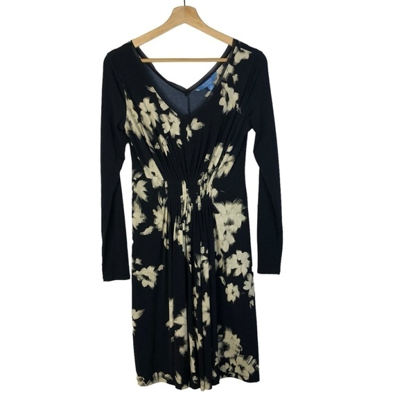 Simply Vera Vera Wang Navy Blue & White Floral Long Sleeve Knee Length Dress XS - Picture 1 of 5